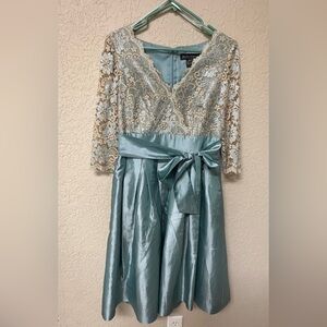 Elegant Vintage Lace & Satin Light Blue and Beige Dress with Bow